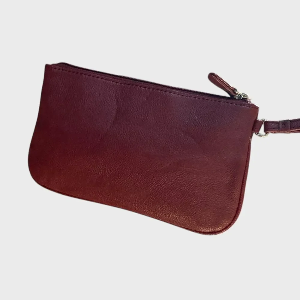 Nine West Brown Faux Leather Zip Wristlet Clutch Wallet Pouch 9.5”